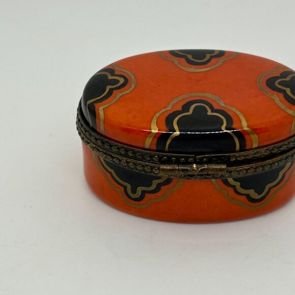 Limoges Oval Trinket Box Handprinted in France Brass Accents Orange-Black Design - Picture 4 of 16